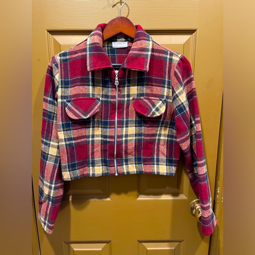 Plaid Cropped Jacket in Red/Maroon